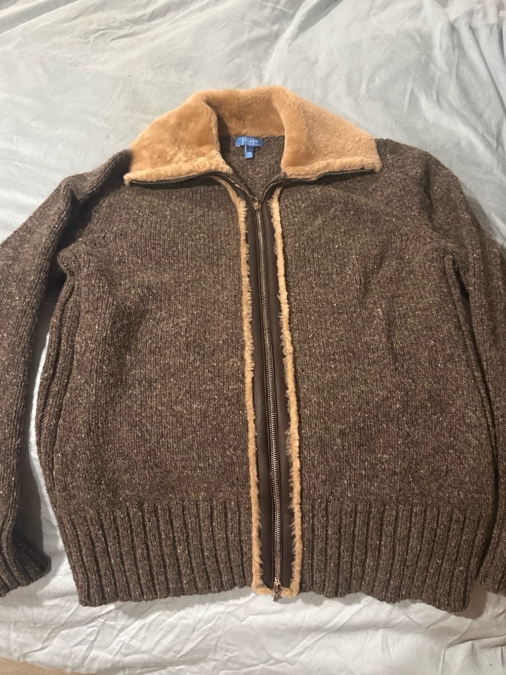 Escada Brown Zip-Up Knit Sweater with Tan Sherpa Collar